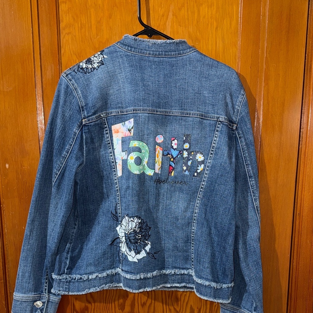 Chico's Blue Jean Jacket with Floral Design